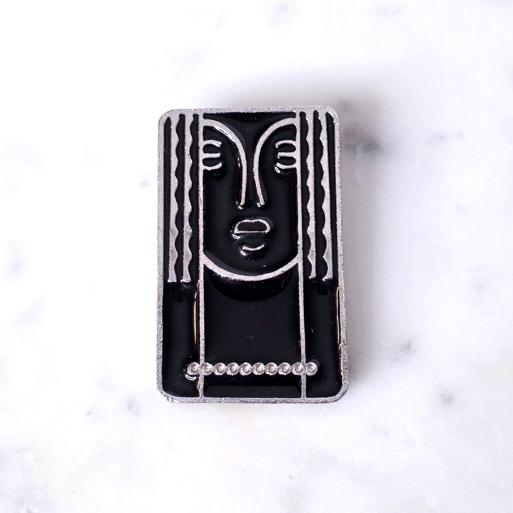 Ritz Face Art Deco Style Convertible Brooch Pin Silver Tone Pewter Black Enamel